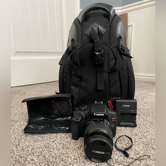 Like new - Canon EOS Rebel T6, battery charger, backpack camera case, lenses. - Picture 1 of 6